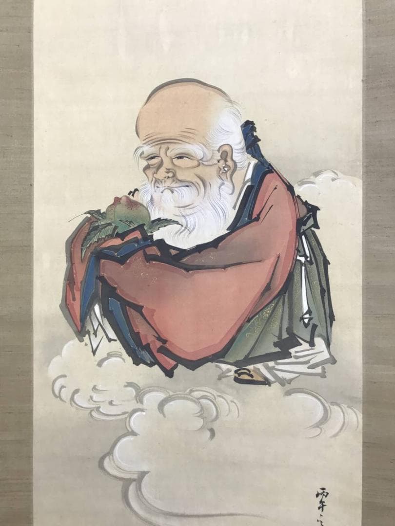 【真作】小田海僊/寿星花鳥図/三幅対/花鳥図/人物図/掛軸☆宝船☆AD-447