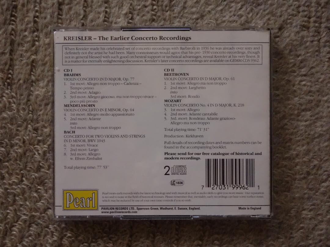 【稀少】pearl 2枚組　クライスラー　協奏曲集　1915-1926