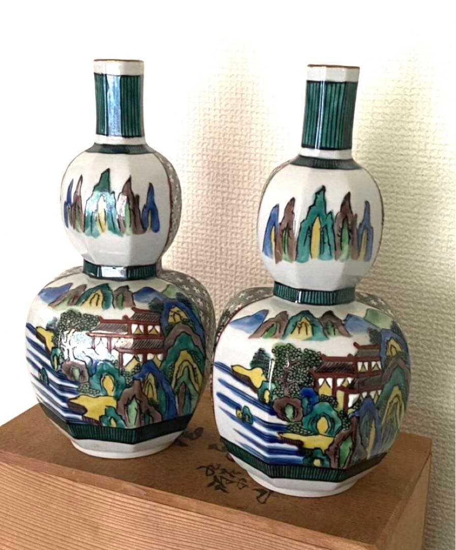 九谷焼　酒器一対 德利 色絵 箱付