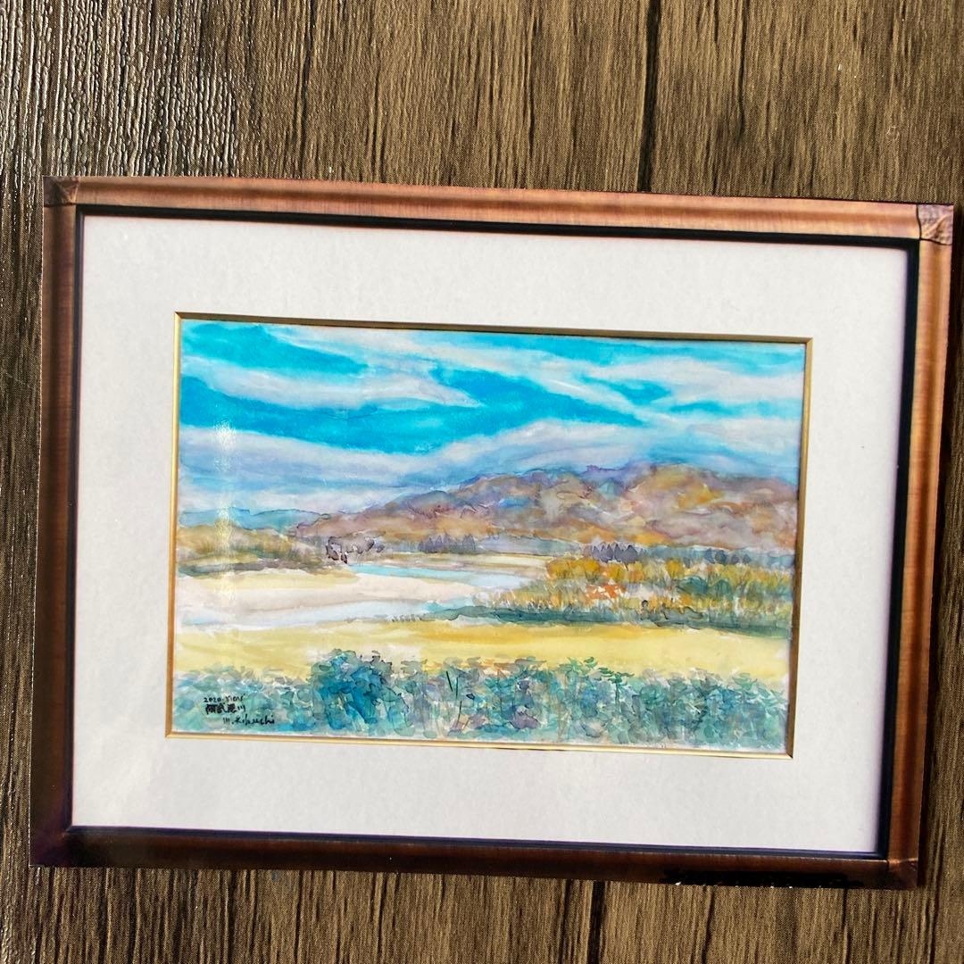 絵画　水彩画　風景画　原画　P10「阿武隈川」菊地正則　美品　額付き　サイン