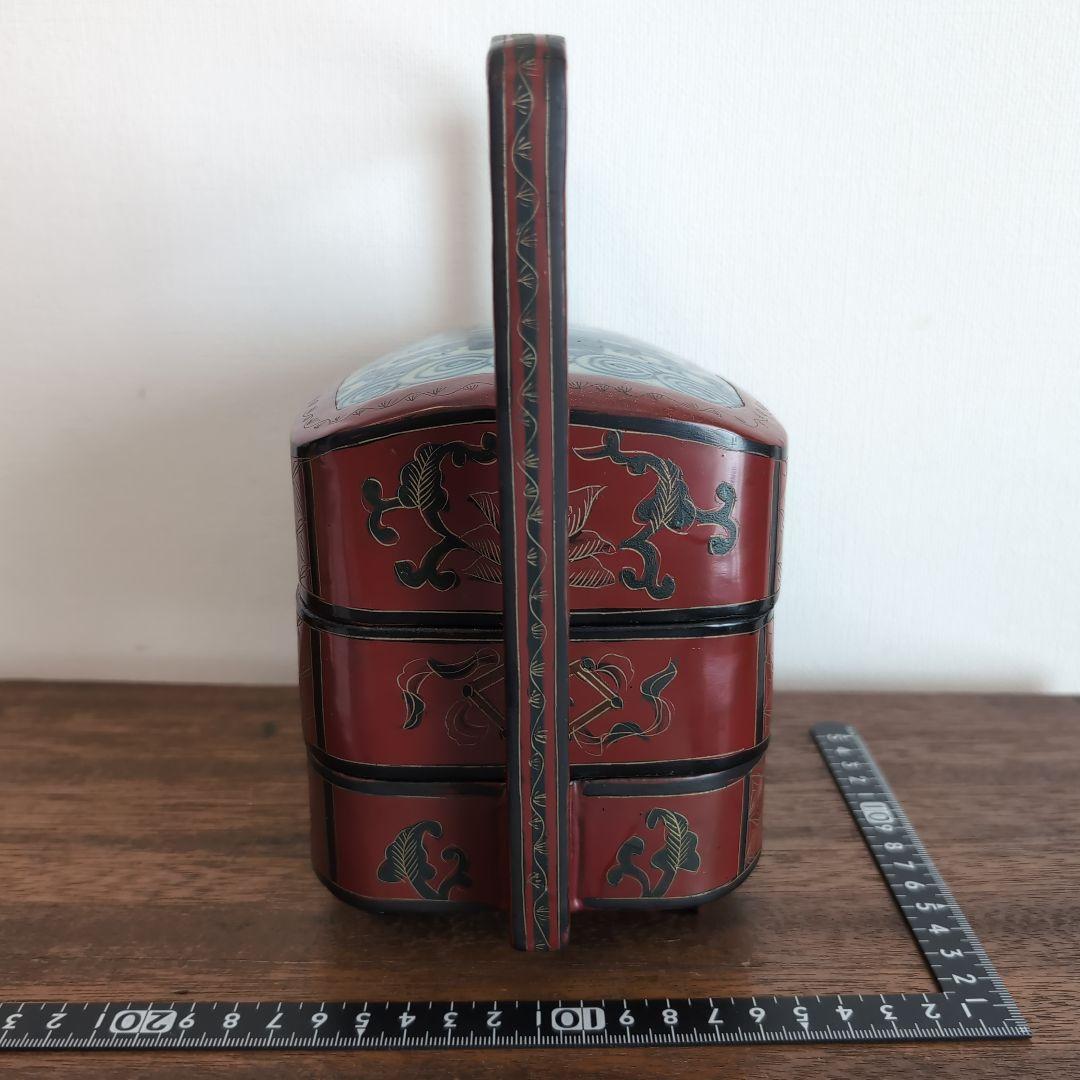 中国古玩　古染付上蓋　三段取手付重　漆器 菓子器・喰籠 古美術　骨董