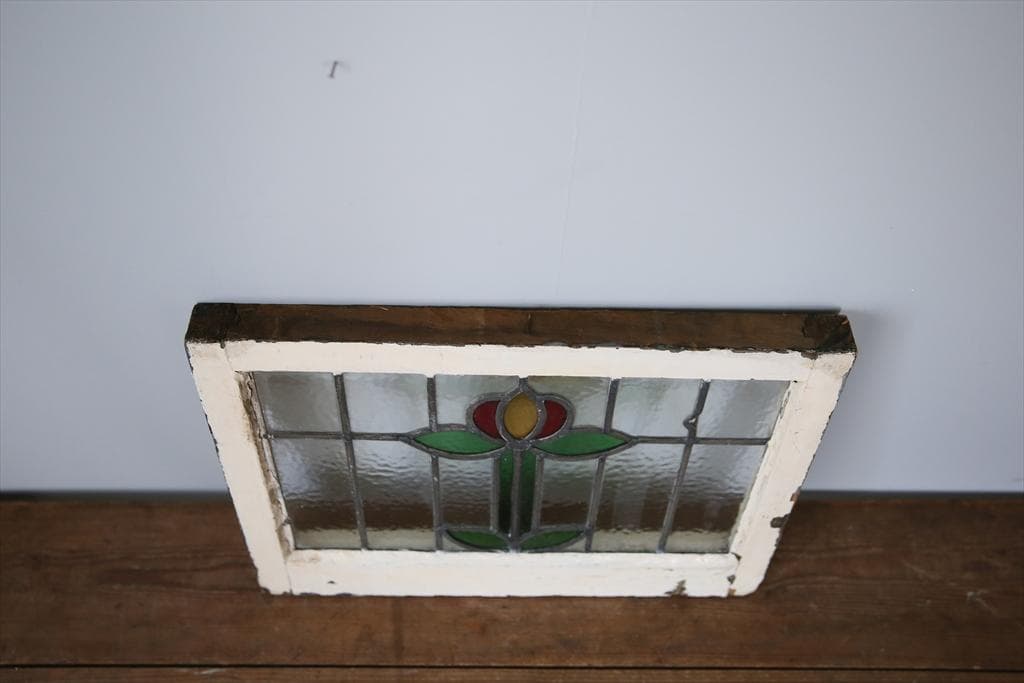 英国アンティークステンドグラス窓枠/ガラスウィンドウ建具/オブジェ(92-48)