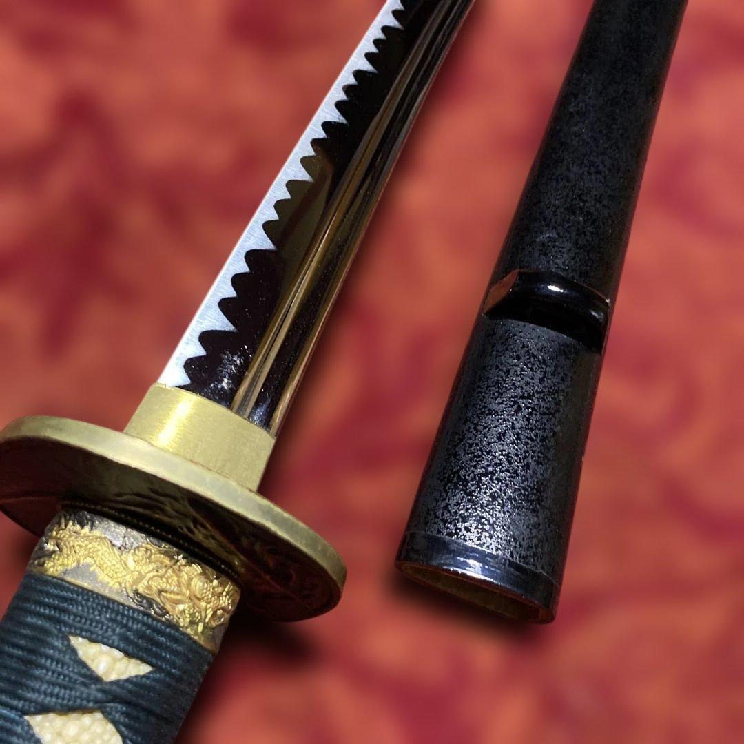 高級居合刀(下緒無し) 濃緑柄 海老彫丸四角鍔