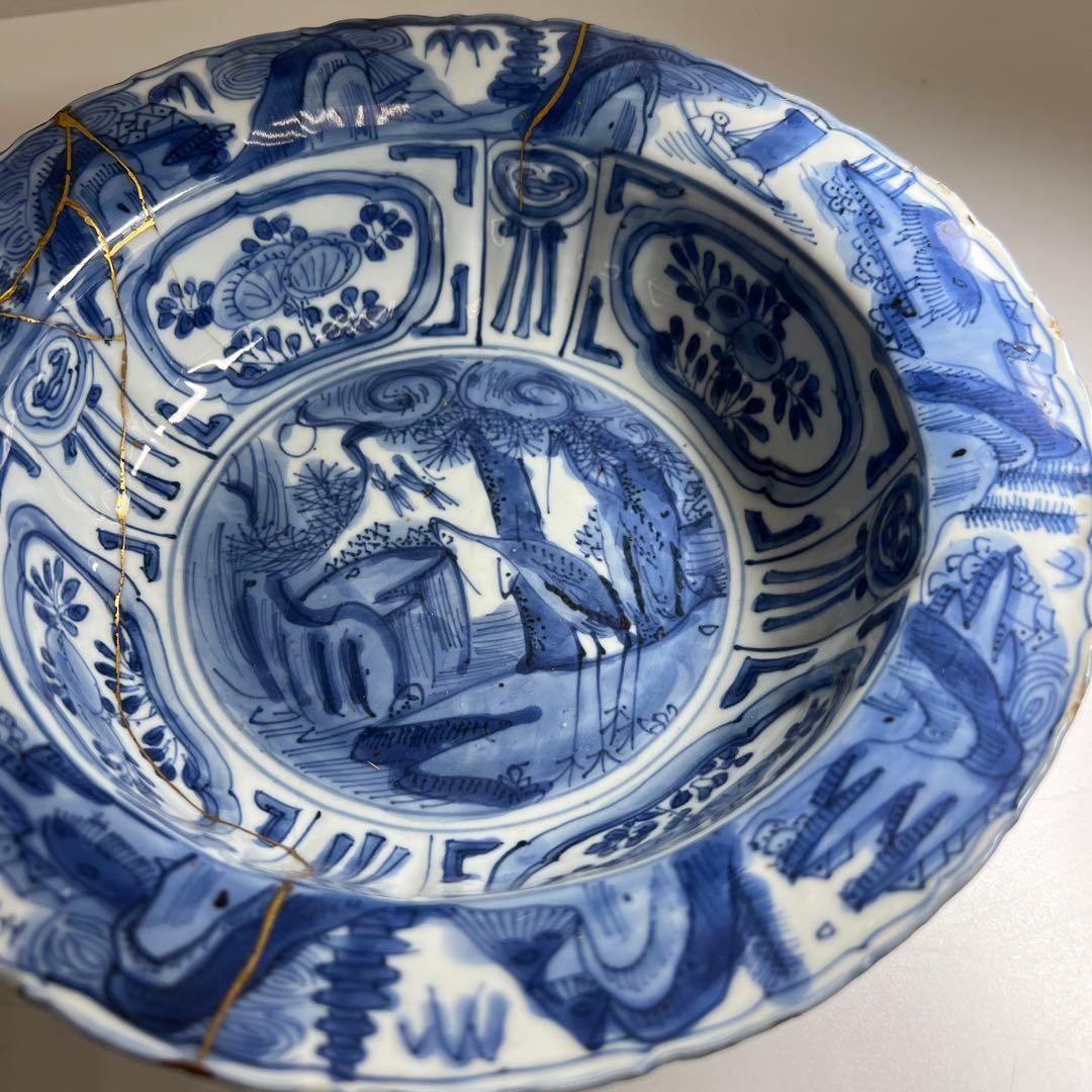 中国明時代　古染付芙蓉手カブト鉢　幅約22.5㎝　東Y8-0108☆2Fタルオ