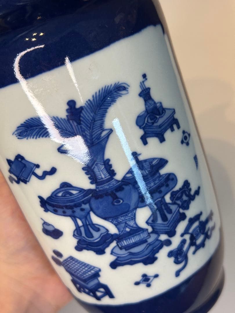 最終價格 清時代 染付山水博古花瓶 中国 骨董 古董 古い 花瓶