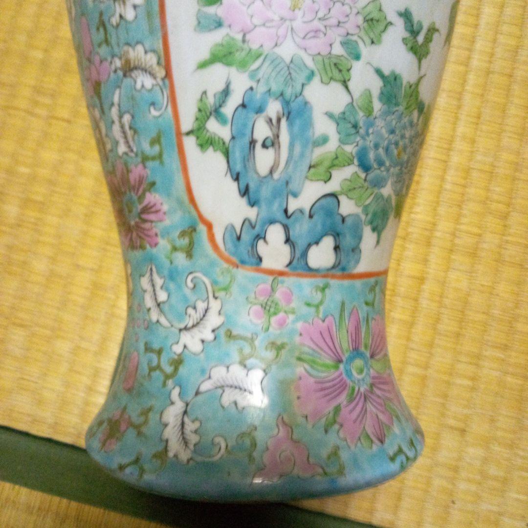 青と緑の花模様 陶器花瓶 約46cm