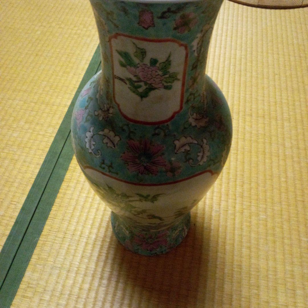 青と緑の花模様 陶器花瓶 約46cm