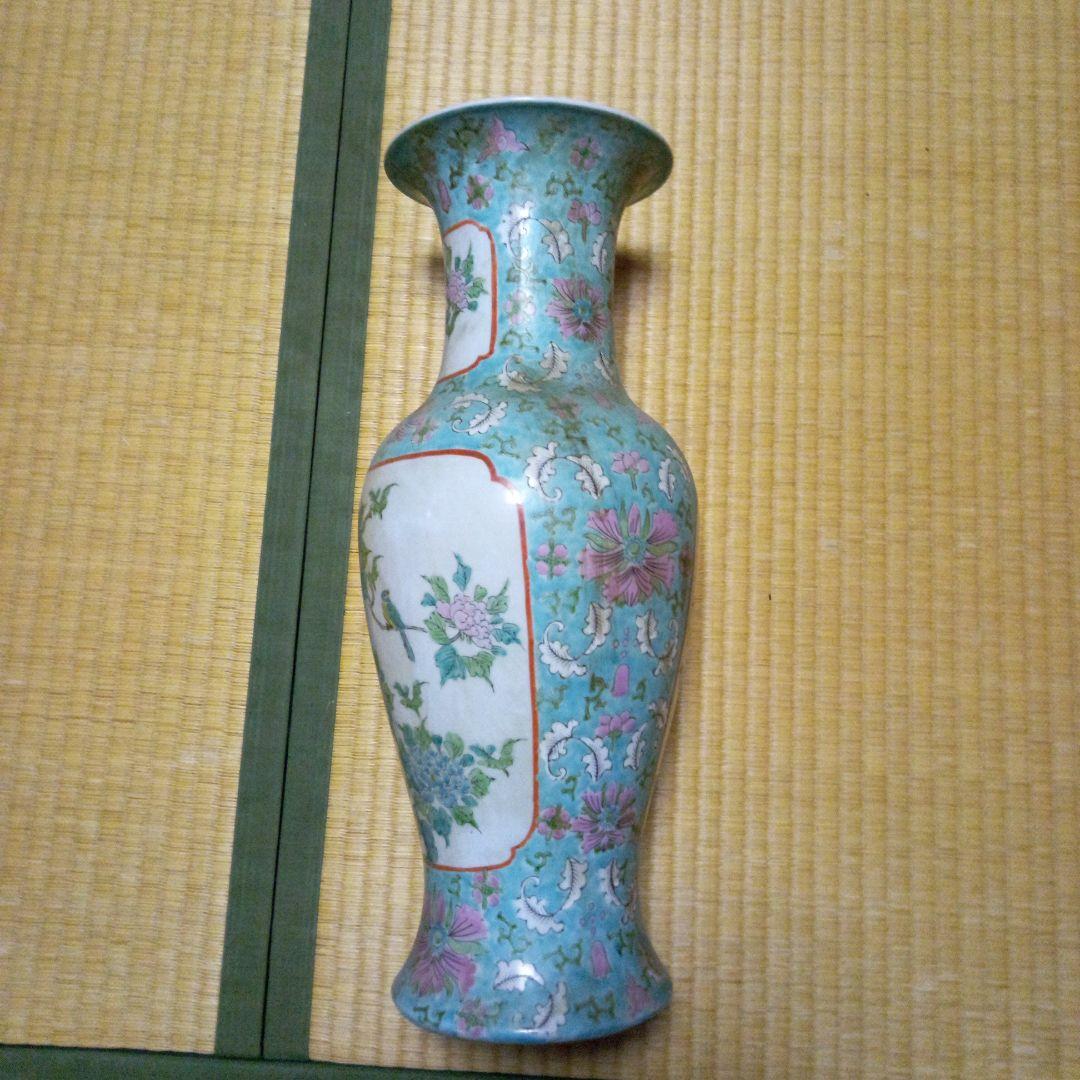 青と緑の花模様 陶器花瓶 約46cm