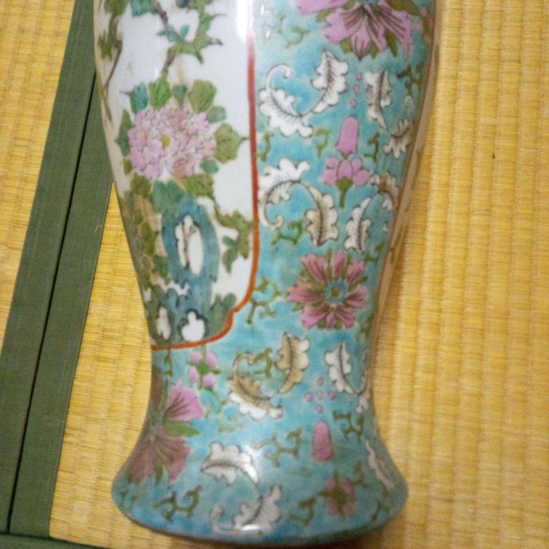 青と緑の花模様 陶器花瓶 約46cm