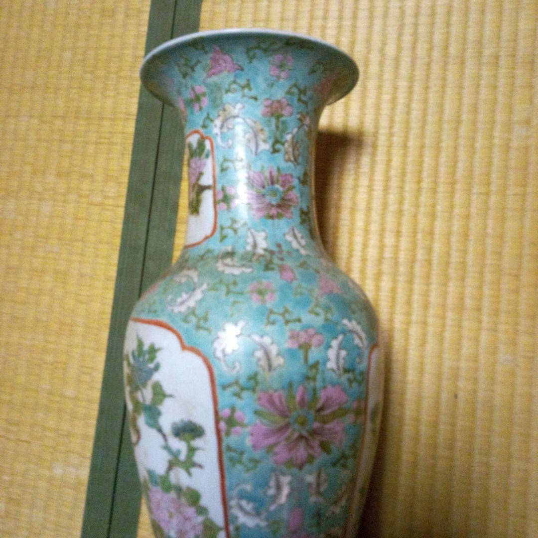 青と緑の花模様 陶器花瓶 約46cm