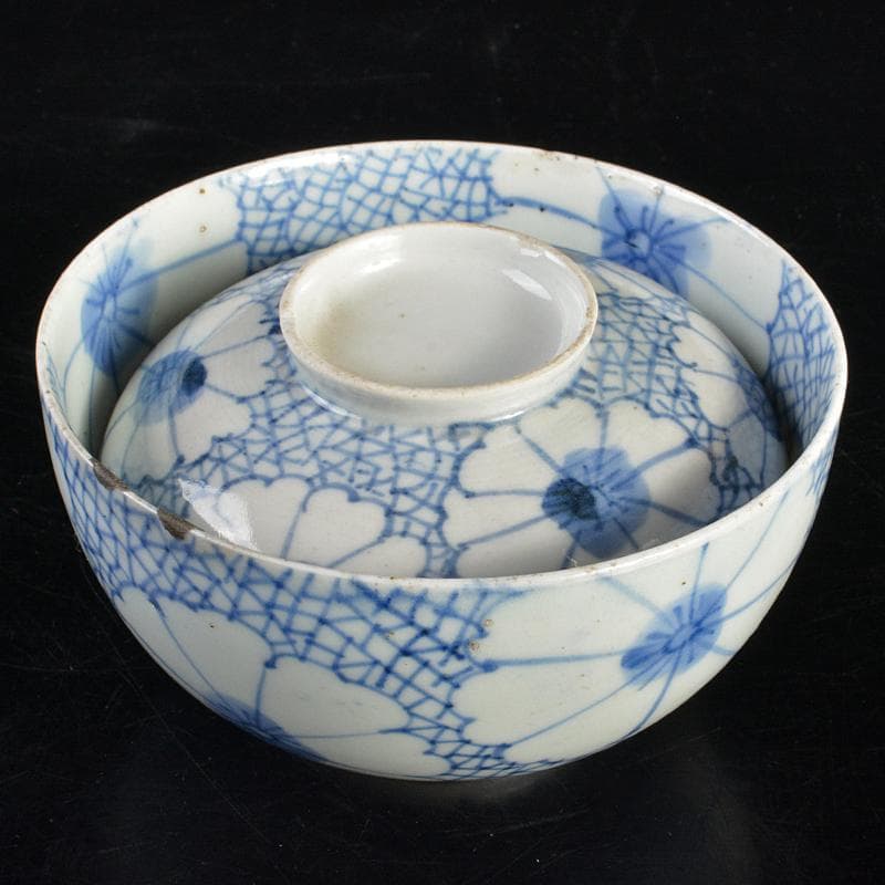 平戸焼　古平戸　染付 花鳥文煎茶碗　3客　氷裂花文蓋碗　まとめて　C　R6872