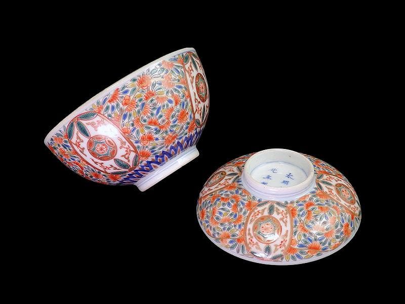 古伊万里　色絵　花繋ぎの図　蓋茶碗　江戸期　CZu