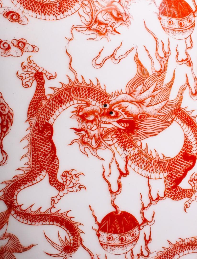 BK217　中国古玩　大清乾隆年製 銘　紅釉郡龍文様　花瓶　飾壷　壺　高40㎝