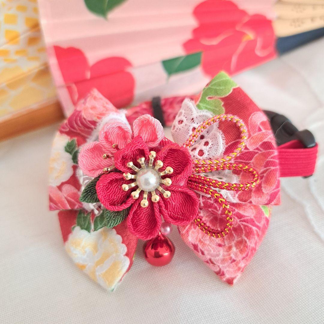 つまみ細工ダブルリボン(赤①)わんちゃん猫ちゃん用首輪