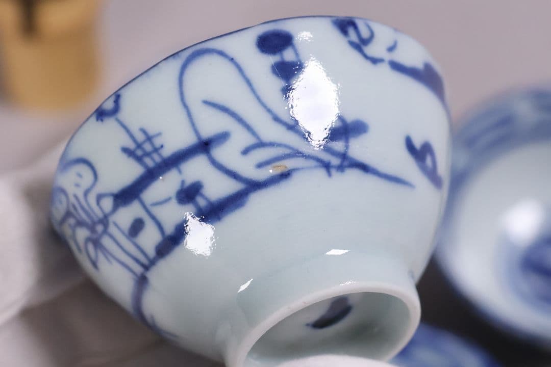 中国 染付 煎茶椀 五客 山水 鳥図 茶器 陶磁器 【MA581】