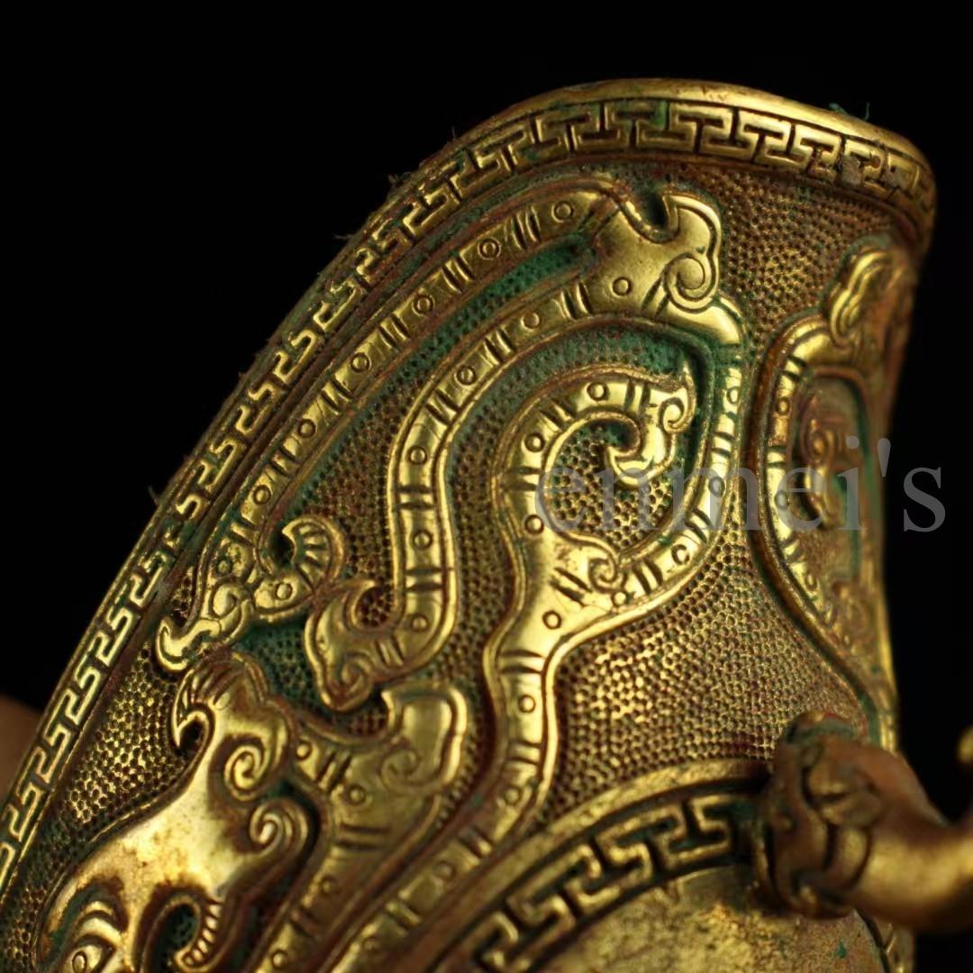 中国古美術・珍蔵純銅製・鎏金酒杯・高浮彫船型三足酒具・茶道具・酒器・風水置物