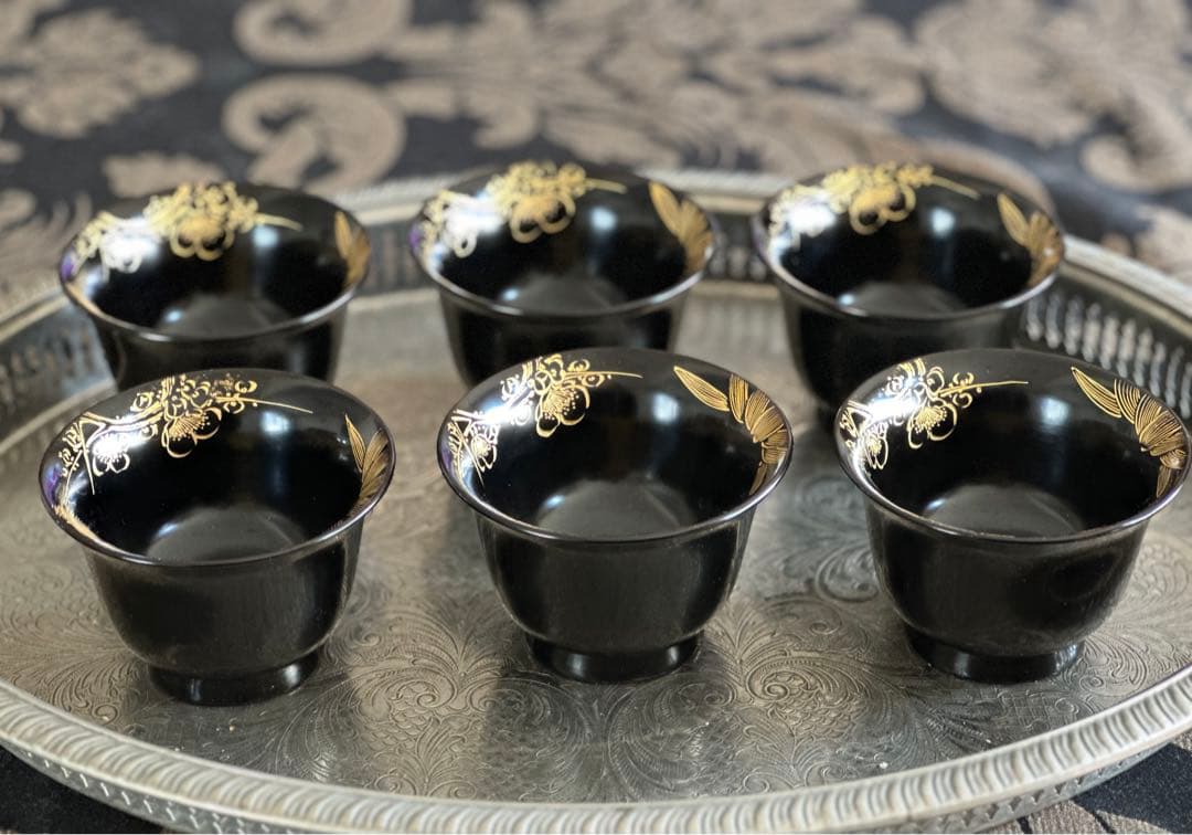 松竹梅手描き　漆器椀6客　大正時代