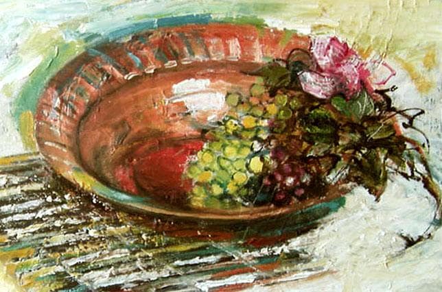 油絵 菅家令子絵 絵画インテリア額付(青緑＋金色の枠)F4-110502フルーツ