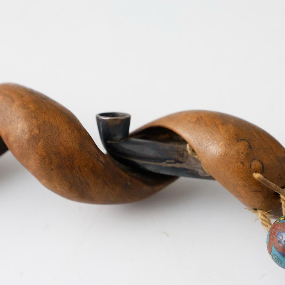 時代 提げ物 塊木瘤木 煙草入れ 螺旋捻り上げ煙管筒 龍図七宝緒締 煙管付 一式