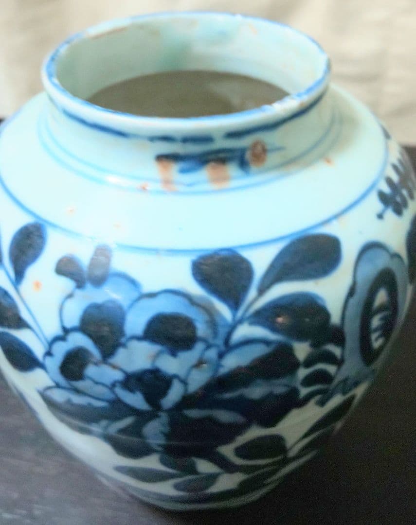 中国美術 白磁胴継染付 明 清時代 霊芝文 牡丹 花鳥模様陶器の壺