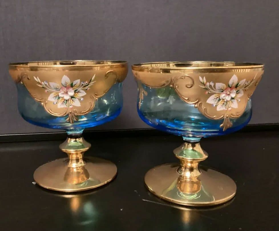 ベネチアングラス　金色とブルーのエレガントなデザインの手描き花柄グラス　⑤⑥