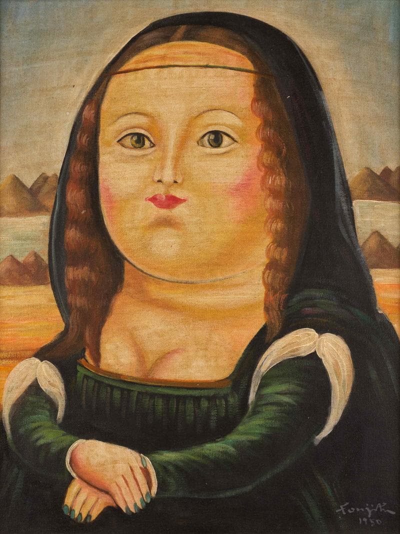 藤田嗣治　油彩　肉筆『モナリザ』表と裏サイン　田村孝之助鑑定　F6　額　b517