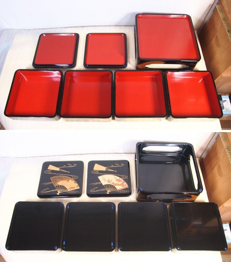 【高級・未使用】輪島塗 道甫作 扇面蒔絵 四段重箱 台付き お重/弁当箱 漆器