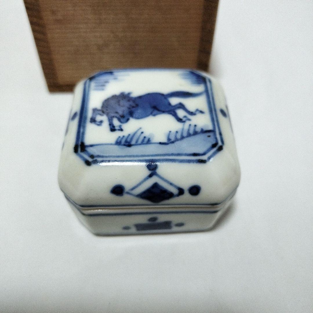 茶道具 京焼 平安北峰造 青華馬図 香合