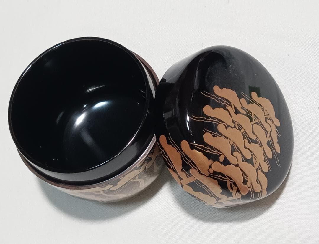 茶道具　蒔絵師政峰作　黒漆塗松並木蒔絵中棗　美品！！