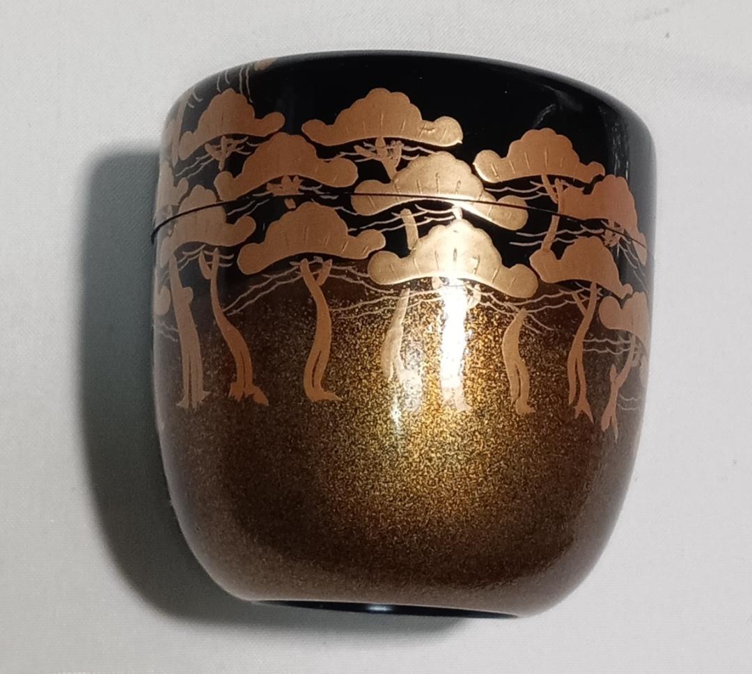 茶道具　蒔絵師政峰作　黒漆塗松並木蒔絵中棗　美品！！