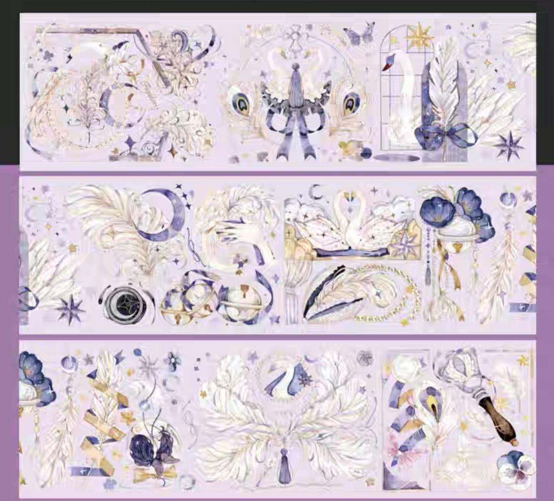 巻売 534★ 海外 マスキングテープ マステ PET 装飾 花 白鳥 金ホロ