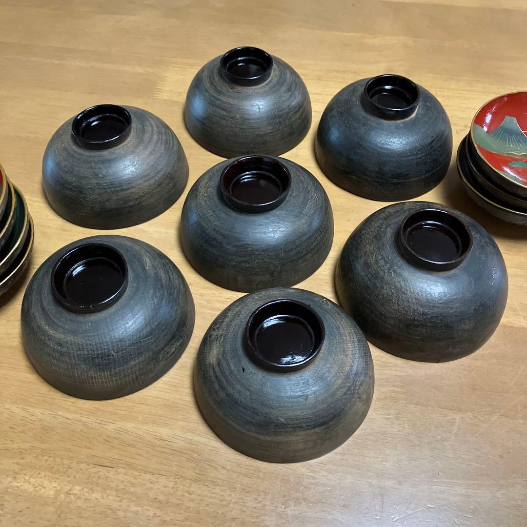 会津鉄錆塗（てつさびぬり）木製汁椀７客（明治〜大正時代）