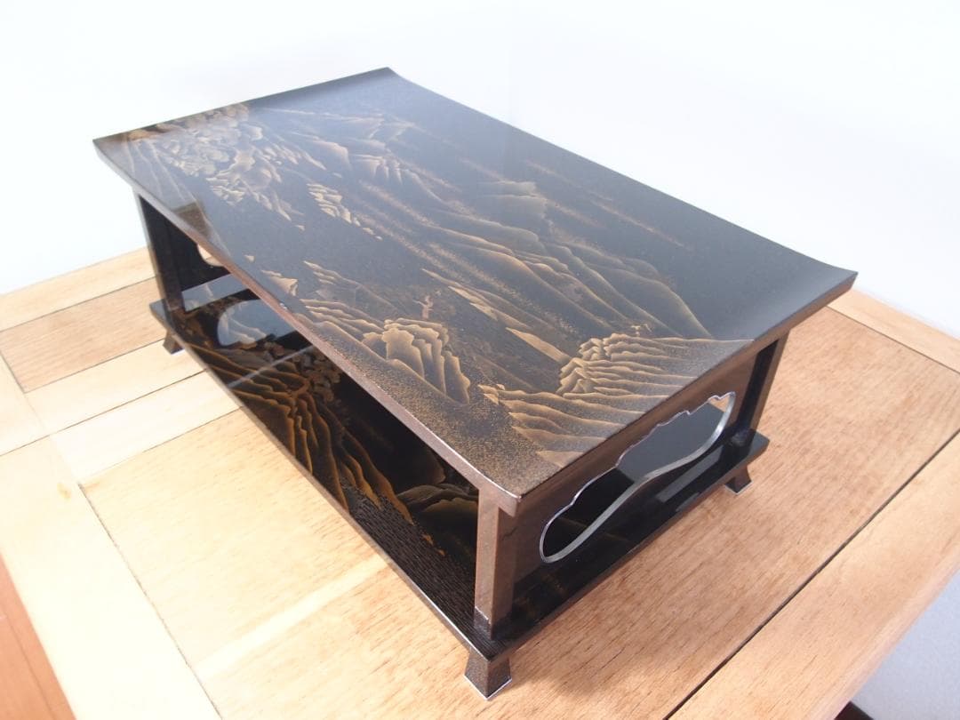 【骨董・時代の美品】大名道具 二段平卓 山水蒔絵 香炉台/盆栽台/飾り台/花台