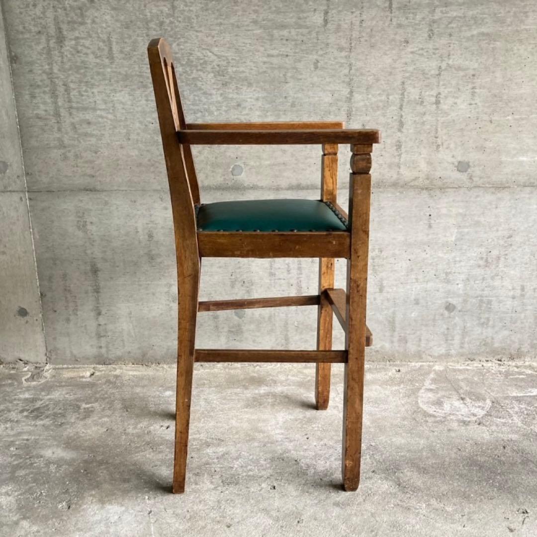 古い味のある子供椅子 ハイチェア 木製 飾り台 緑色 家具 レトロ ヴィンテージ