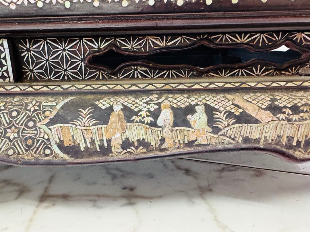 総螺鈿 細工 楼閣人物 長方平卓 61cm花台 飾台 香炉台 木製 猫足 漆芸