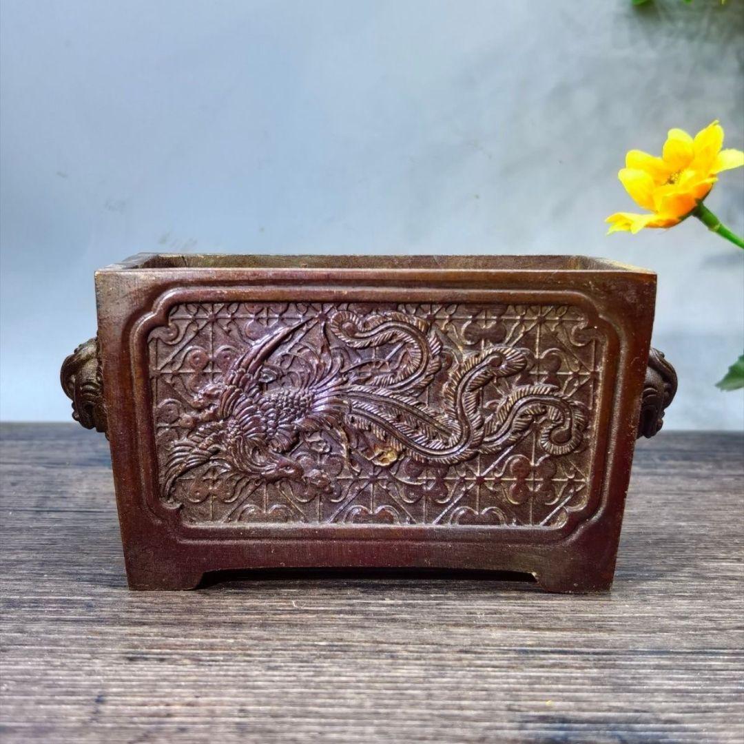 銅器 鳳凰紋獣耳長方炉 焼香炉 挿し香炉 仏具 馬槽炉 机頭炉 工芸品 置物