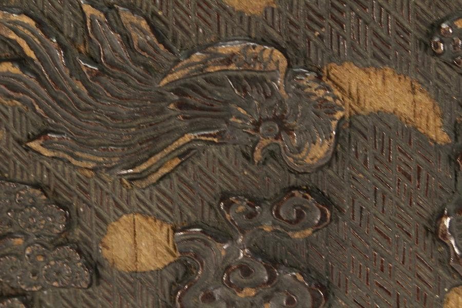 中国美術 彷 堆黒 具利縁 人物鳳鶴紋 蓋物(K-YC375)