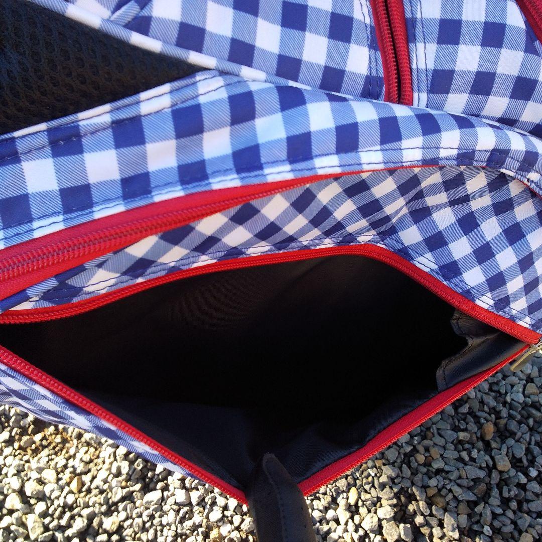 トランスコンチネンツ　キャディバッグ　スタンド式　チェック　青✕赤　中古