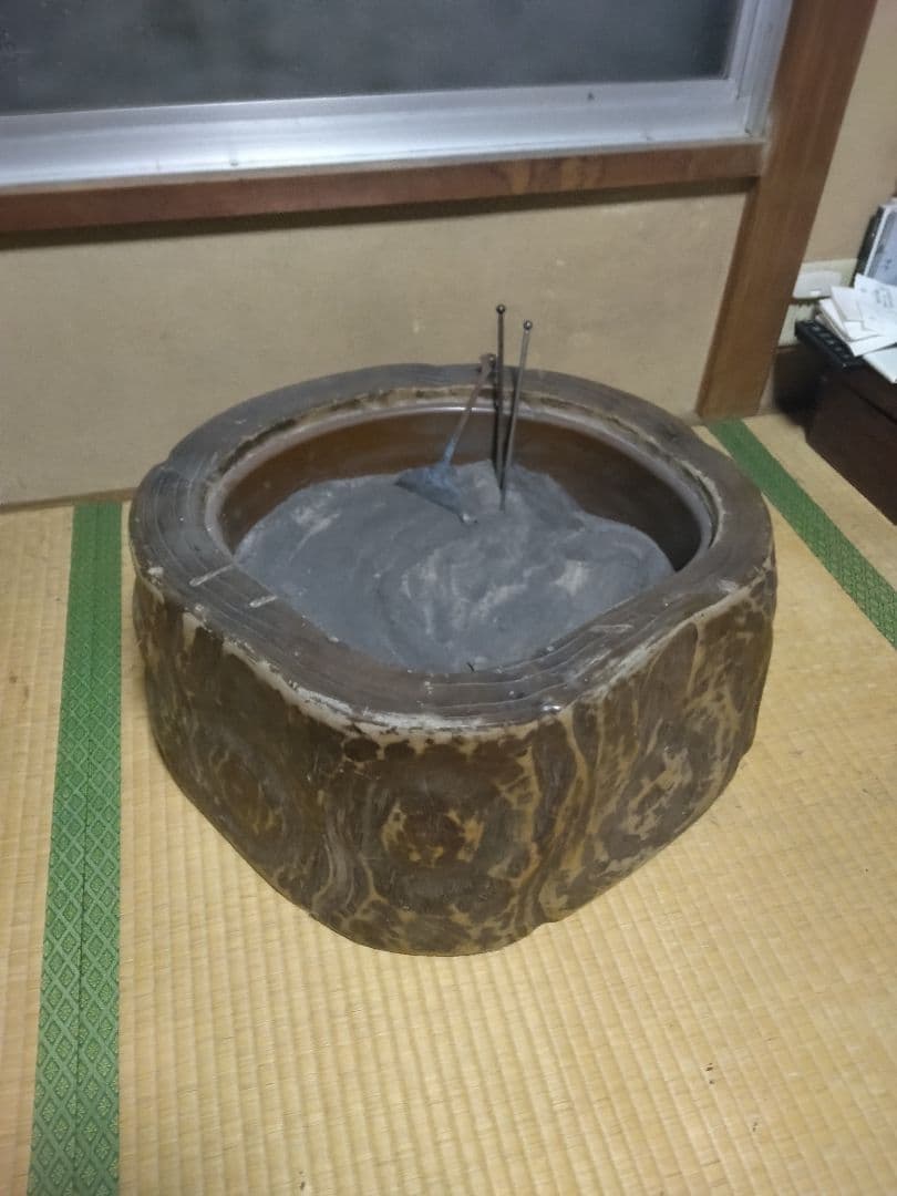 火鉢 灰 道具付★大型 切り株 木製 火鉢 レトロ 銅 手焙り