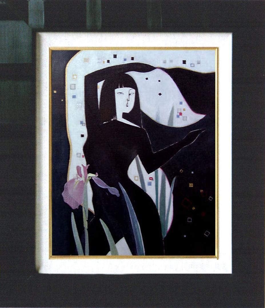 油絵 絵画 絵インテリア 額付(青緑+金色の枠) F6-42023 人物 女性像