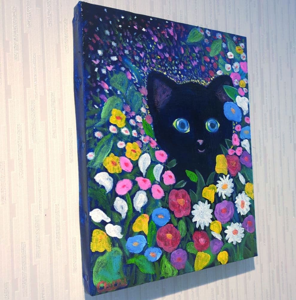キャンバス油絵　専用   黒猫ガーデン 3　クリムト風フラワーガーデン
