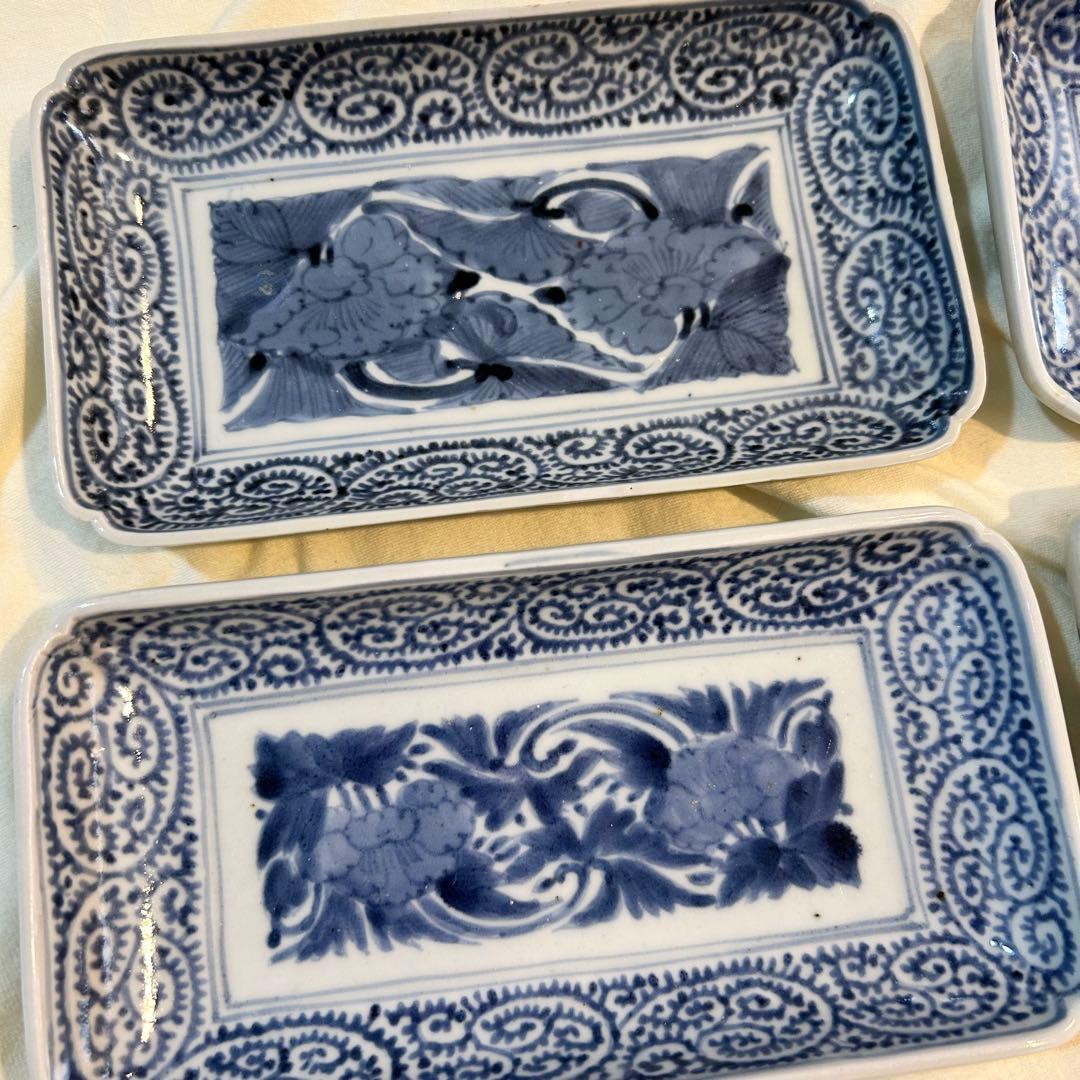 江戸中期 蛸唐草と牡丹 古伊万里 長方形 皿4枚セット 骨董