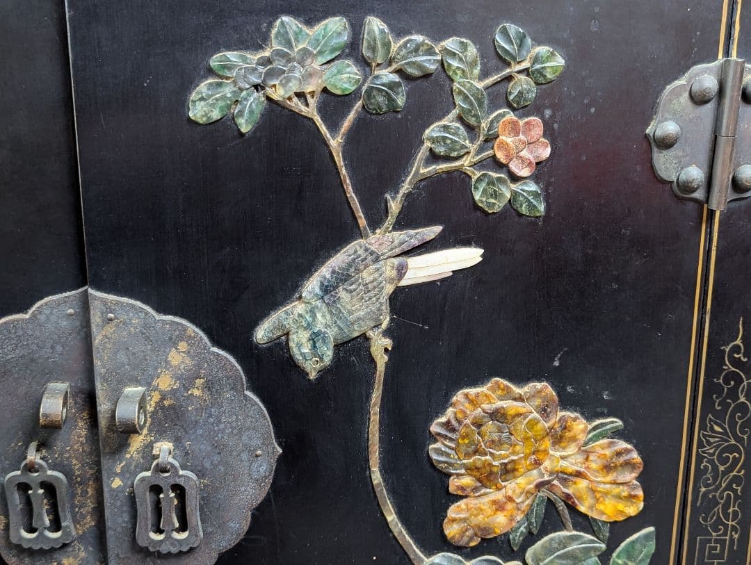 美術品 中国玉石木製 箪笥 花鳥模様 骨董品　アンティーク　レトロ