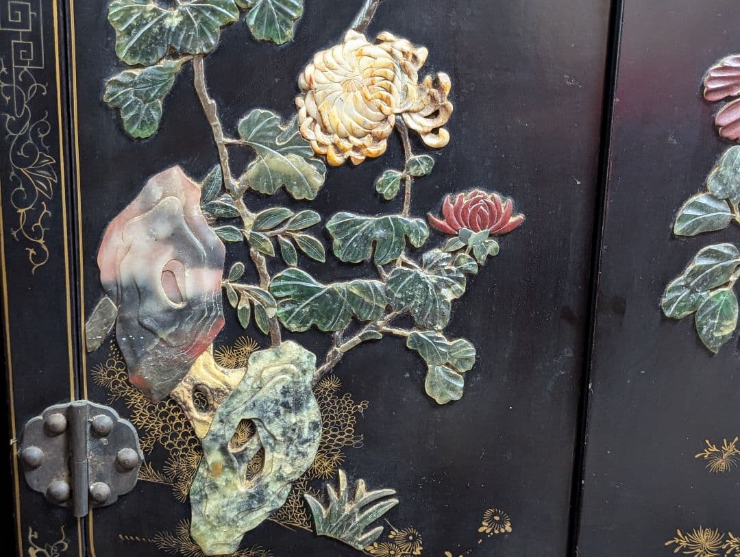 美術品 中国玉石木製 箪笥 花鳥模様 骨董品　アンティーク　レトロ