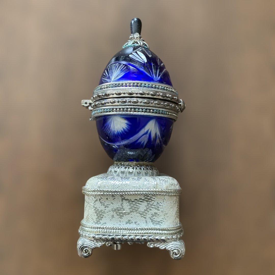 アンティーク⭐️コバルトブルー切子ガラス⭐️オルゴール付きリングケース⭐️蔵保管