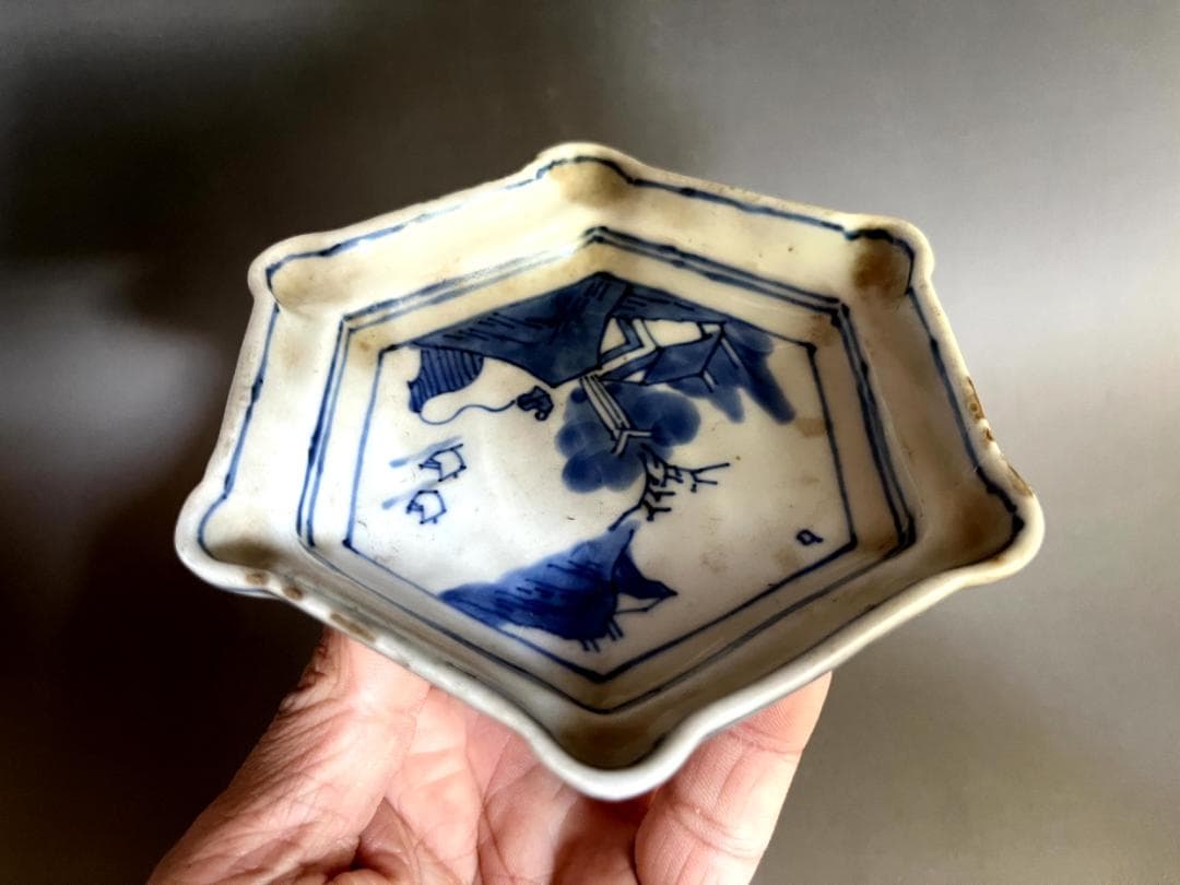 皿■古伊万里染付山水人物六角形皿 江戸期 古染 輪花 古美術 時代物 骨董品■
