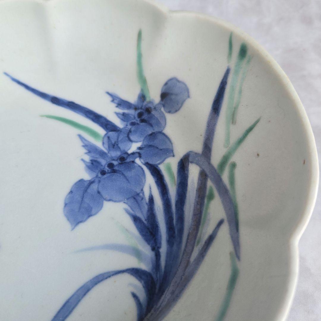 古伊万里　色絵　染付　変形皿　江戸時代　骨董　菖蒲　金直し　金継ぎ　アンティーク