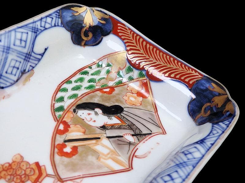 古伊万里　色絵　青海波にお福さんの図　角皿 ２客　C084AS-DAa