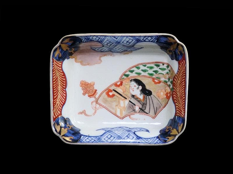 古伊万里　色絵　青海波にお福さんの図　角皿 ２客　C084AS-DAa