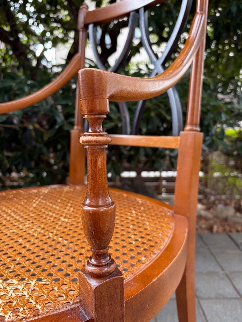 アンティーク 木製アームチェア クロスバック ランタン編み アールデコ 椅子